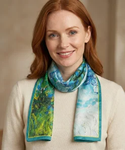 100% Mulberry Silk Scarf Versatile Double-sided Long Scarf Oil Painting Green