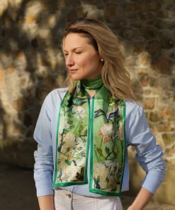 100% Mulberry Silk Scarf Versatile Double-sided Long Scarf Rose Design Green