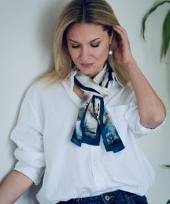 100% Mulberry Silk Scarf Versatile Double-sided Long Scarf Ink Wash Painting Design Blue