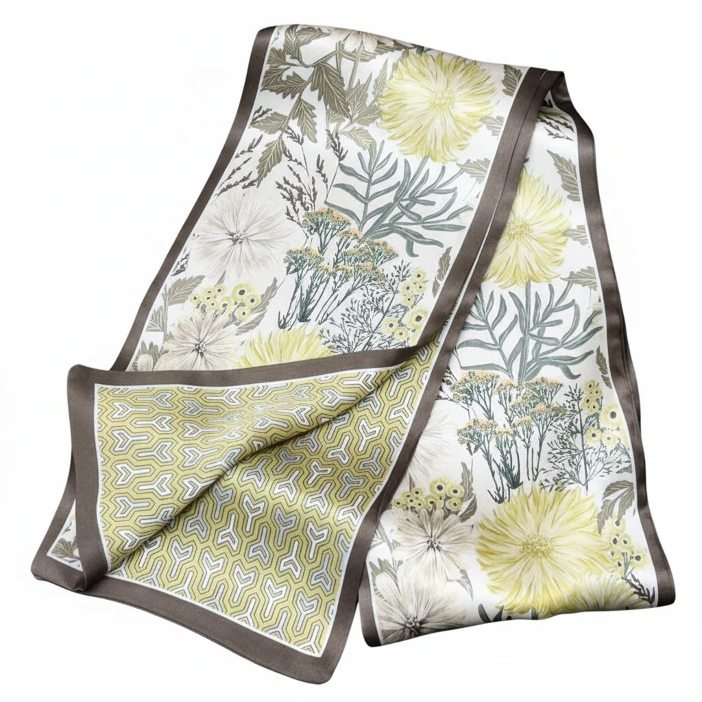 100% Mulberry Silk Scarf Versatile Double-sided Long Scarf Flower Design - Image 3
