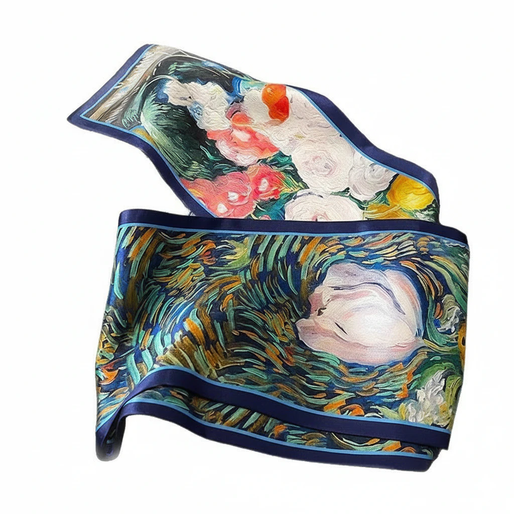 100% Mulberry Silk Scarf Versatile Double-sided Long Scarf Oil Painting of Flowers Design - Image 4