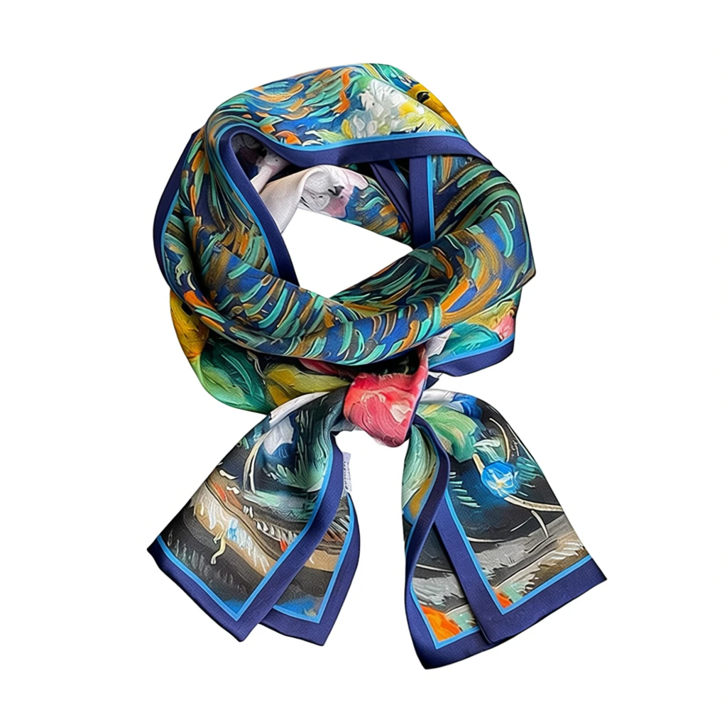 100% Mulberry Silk Scarf Versatile Double-sided Long Scarf Oil Painting of Flowers Design - Image 2