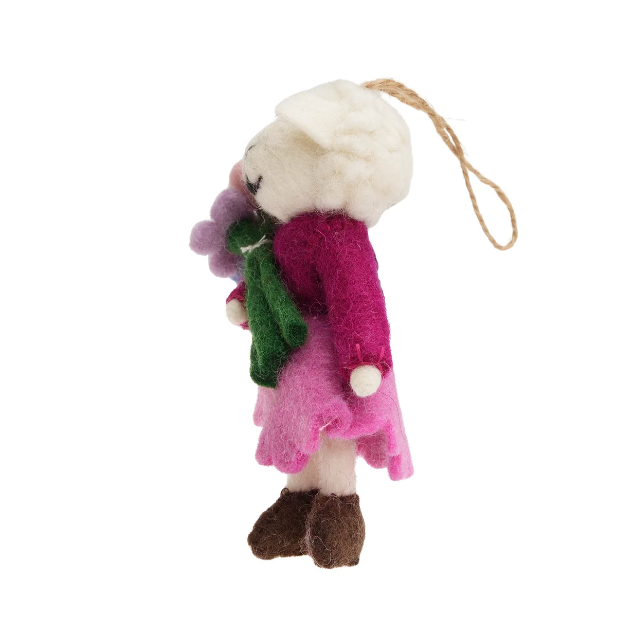 Handmade Wool Felt Sheep In Pink Dress Hold Flowers Hanging Ornament - Image 2