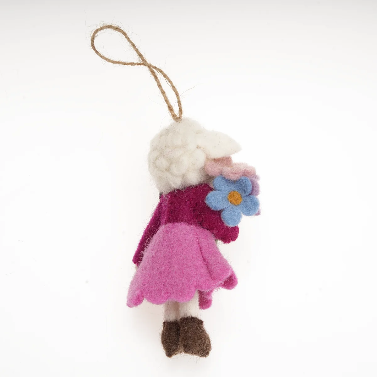Handmade Wool Felt Sheep In Pink Dress Hold Flowers Hanging Ornament - Image 3
