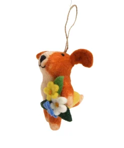 Alternative view of Handmade Wool Felt Ginger Dog Holding Flowers Hanging Ornament