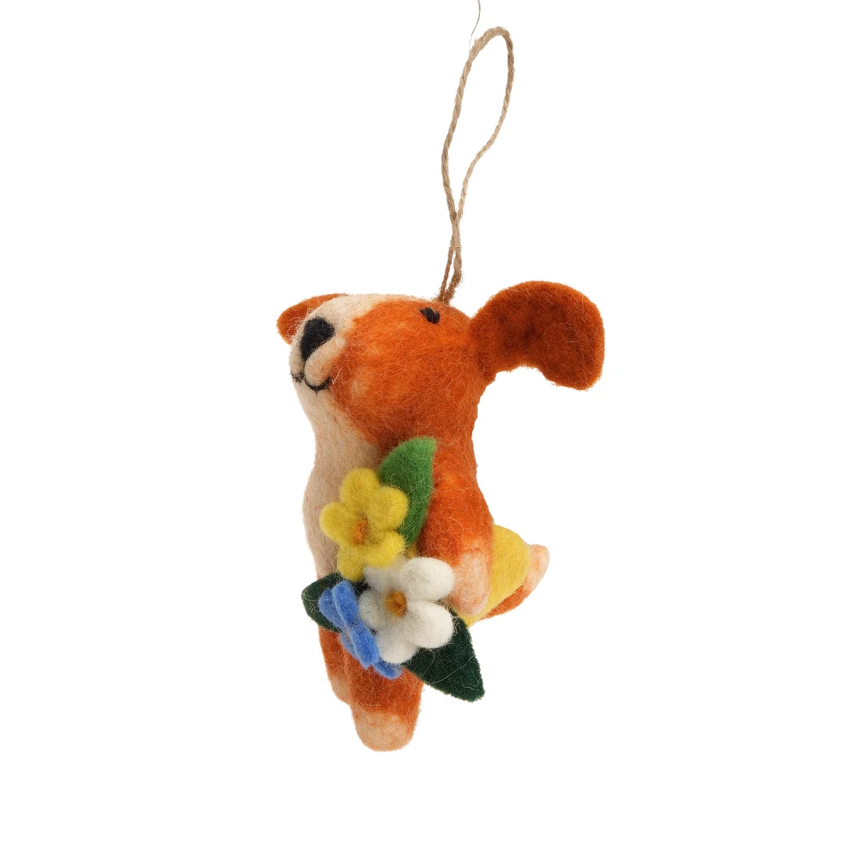 Handmade Wool Felt Ginger Dog Holding Flowers Hanging Ornament - Image 2