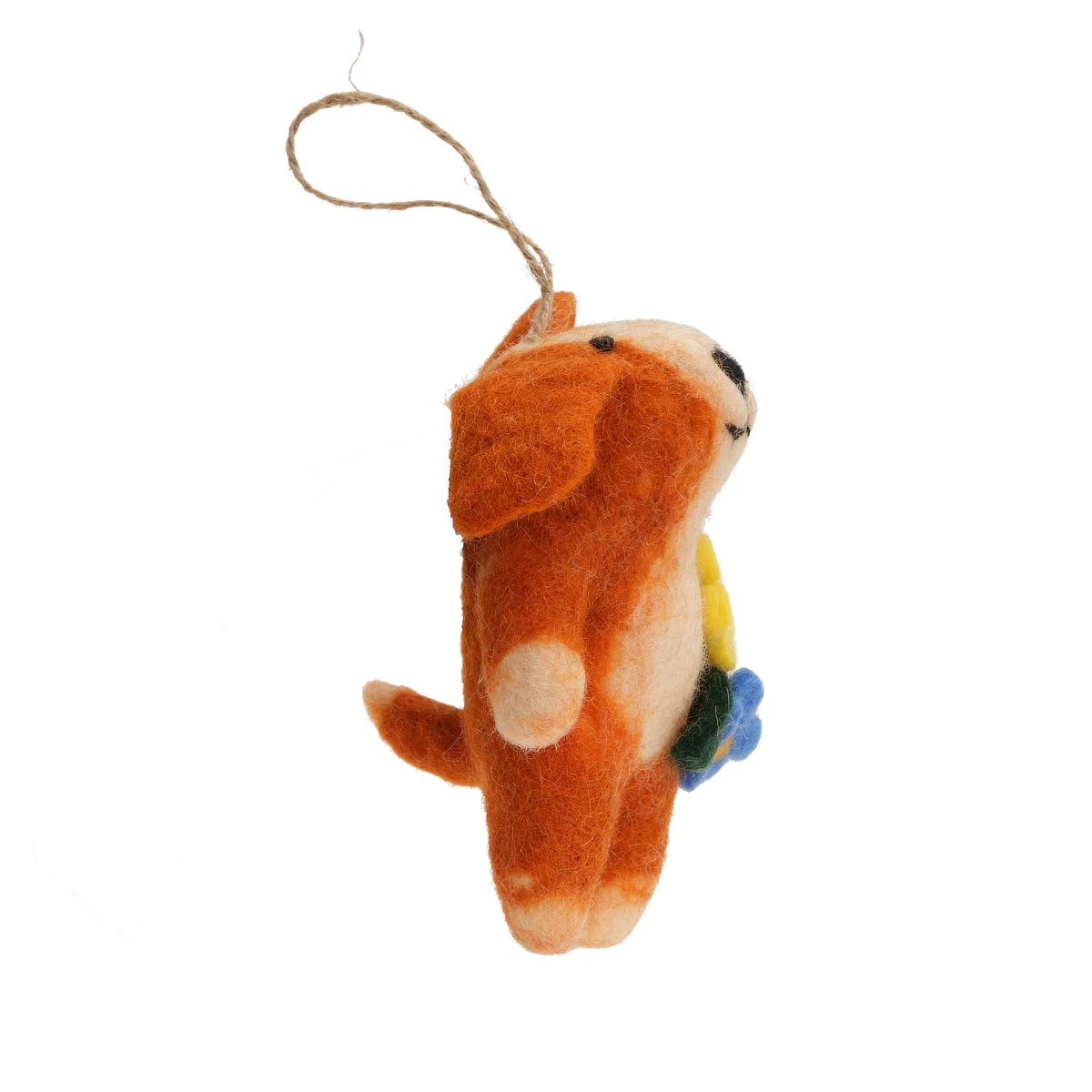 Handmade Wool Felt Ginger Dog Holding Flowers Hanging Ornament - Image 3