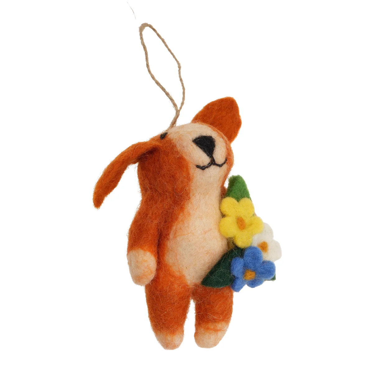 Handmade Wool Felt Ginger Dog Holding Flowers Hanging Ornament - Image 4