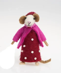 Handmade Wool Felt Mouse In Red Spotted Dress Hanging Ornament