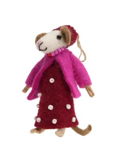Alternative view of Handmade Wool Felt Mouse In Red Spotted Dress Hanging Ornament