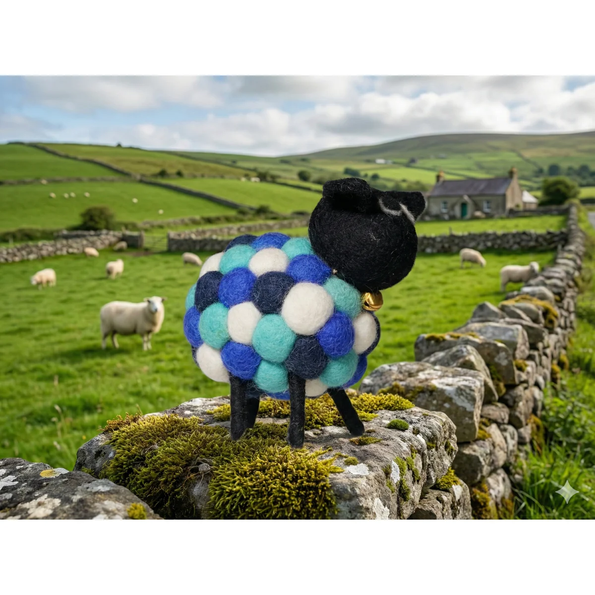 Handmade Felt Blue Multicoloured Sheep Seán With Black Head Ornament Farm Animals