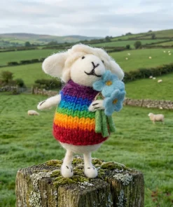 Handmade Wool Felt Rainbow Sheep With Blue Flower Hanging Ornament