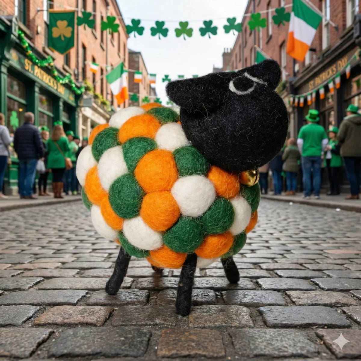 Handmade Felt Sheep Paddy With Black Head Ornament Farm Animal Irish Flag Colours