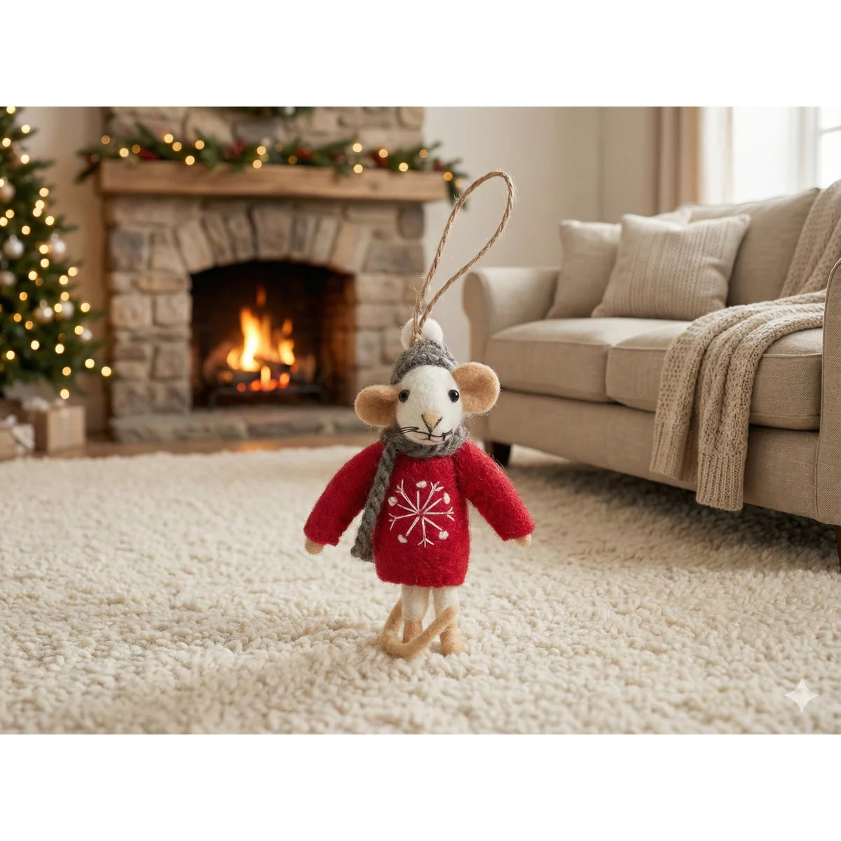Handmade Wool Felt Mouse Hanging Red Snowflake Jumper Ornament - Image 5