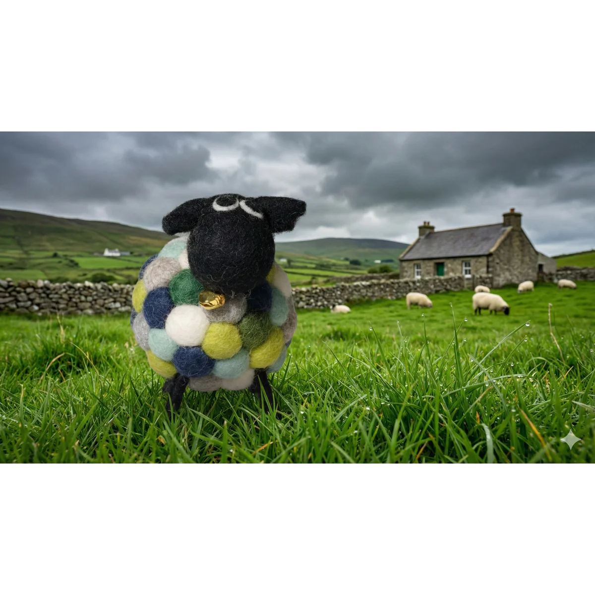 Handmade Felt Green Multicoloured Sheep Liam With Black Head Ornament Farm Animals