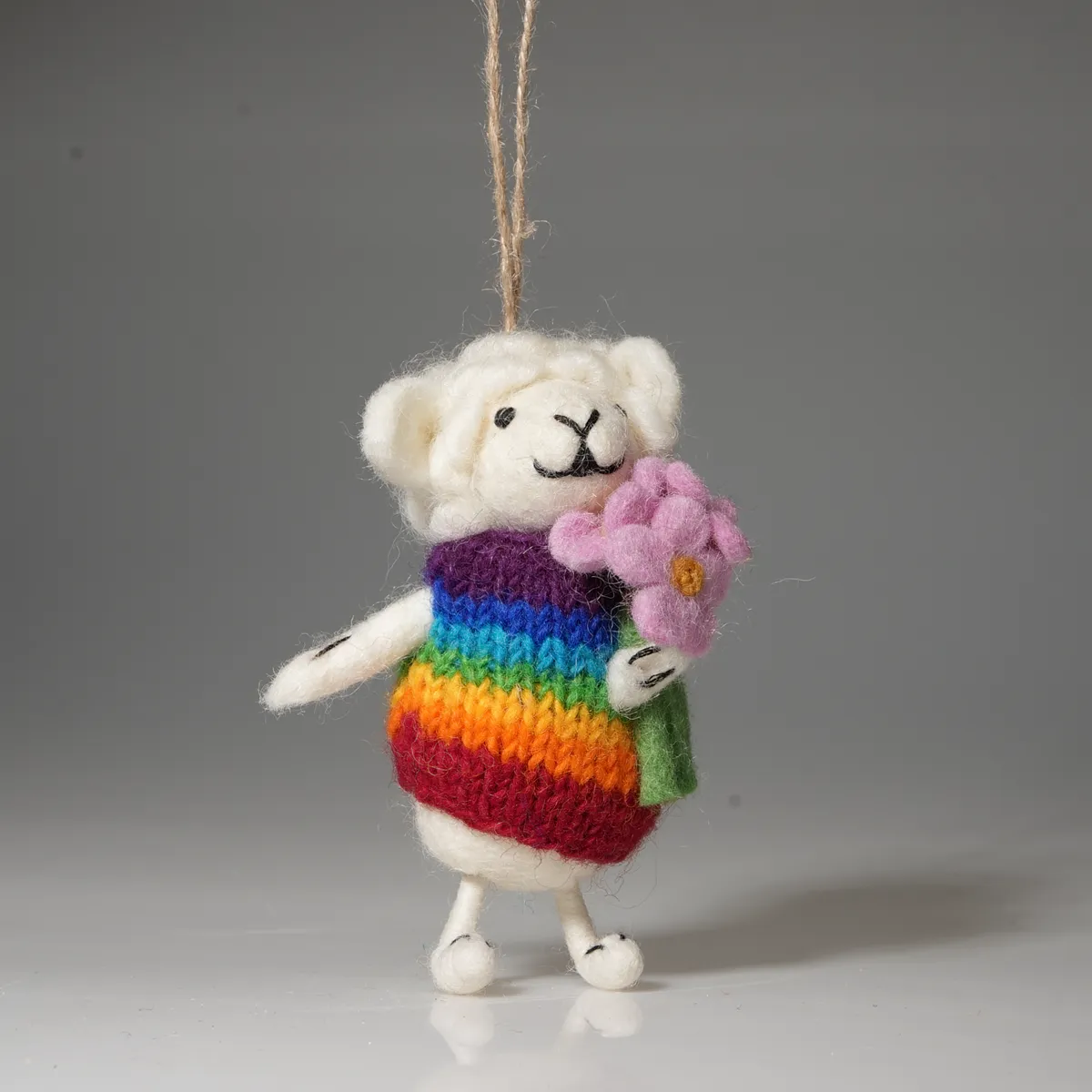 Handmade Wool Felt Rainbow Sheep With Pink Flower Hanging Ornament - Image 2
