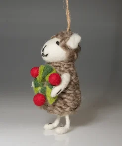 Alternative view of Handmade Wool Felt Sheep Holding Holly-Wreath Hanging Ornament