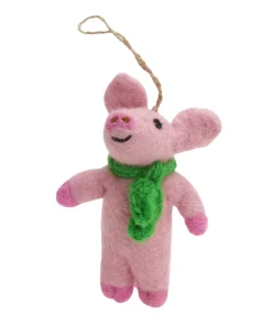 Handmade Wool Felt Pig With Green Scarf Hanging Ornament
