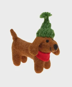Handmade Wool Felt Dachshund Wearing Green Hat Ornament