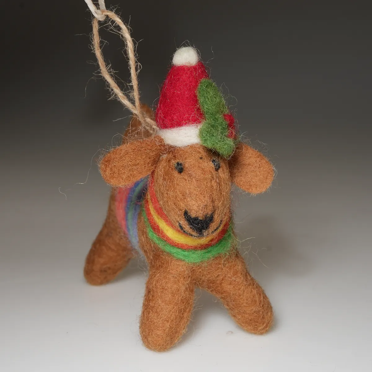Handmade Wool Felt Dog Wearing Red Hat Ornament
