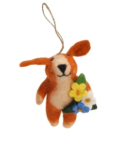 Handmade Wool Felt Ginger Dog Holding Flowers Hanging Ornament