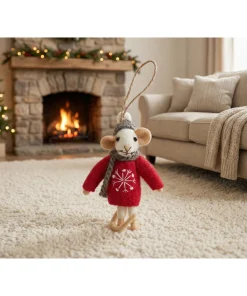 Handmade Wool Felt Mouse Hanging Red Snowflake Jumper Ornament - Image 5