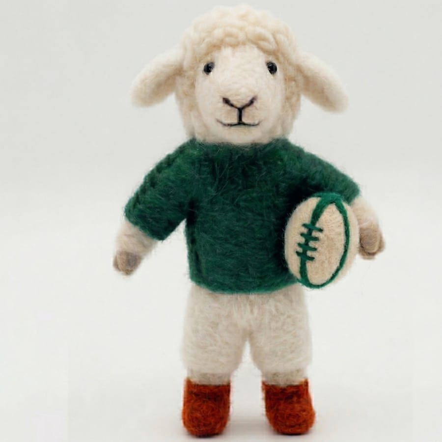 Handmade Wool Felt Player Sheep James Holding Rugby Football