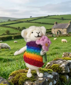 Handmade Wool Felt Rainbow Sheep With Pink Flower Hanging Ornament