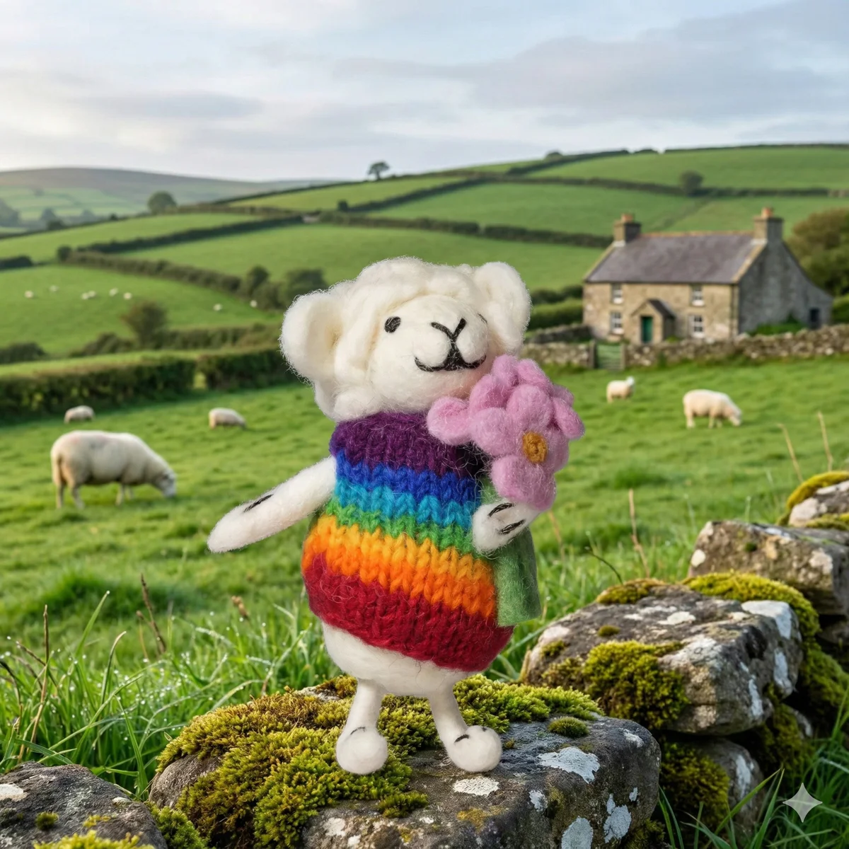 Handmade Wool Felt Rainbow Sheep With Pink Flower Hanging Ornament