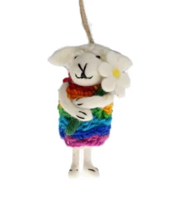 Handmade Wool Felt Rainbow Sheep With White Flower Hanging Ornament