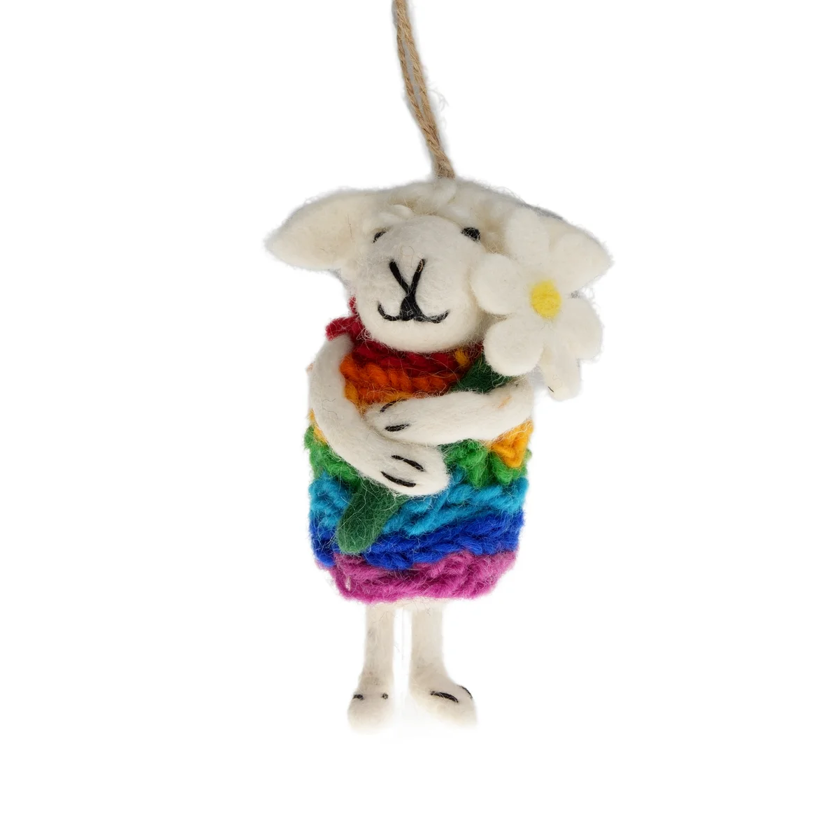 Handmade Wool Felt Rainbow Sheep With White Flower Hanging Ornament
