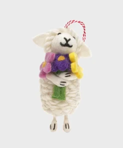 Handmade Wool Felt Sheep Holding Flowers Hanging Ornament