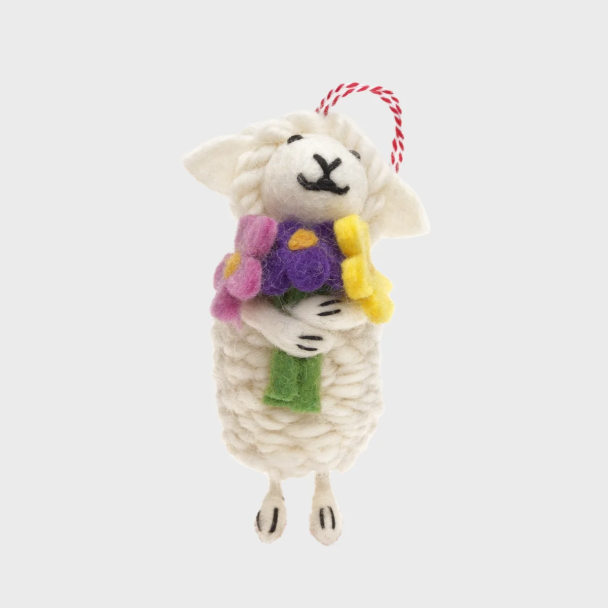 Handmade Wool Felt Sheep Holding Flowers Hanging Ornament