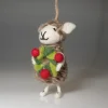 Handmade Wool Felt Sheep Holding Holly-Wreath Hanging Ornament