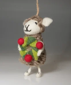 Handmade Wool Felt Sheep Holding Holly-Wreath Hanging Ornament