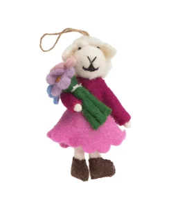 Handmade Wool Felt Sheep In Pink Dress Hold Flowers Hanging Ornament