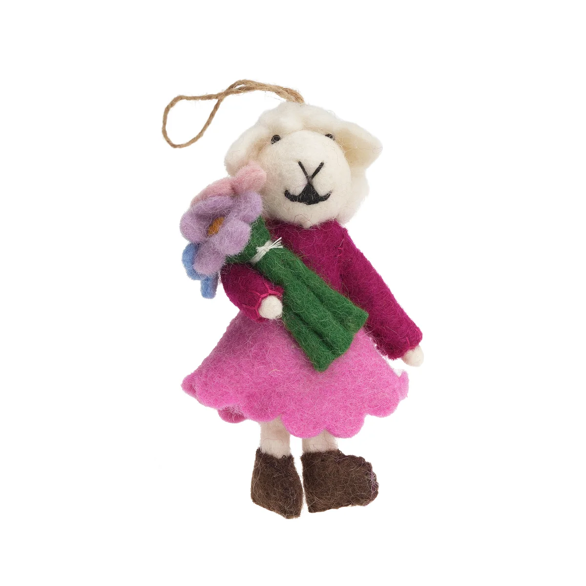 Handmade Wool Felt Sheep In Pink Dress Hold Flowers Hanging Ornament