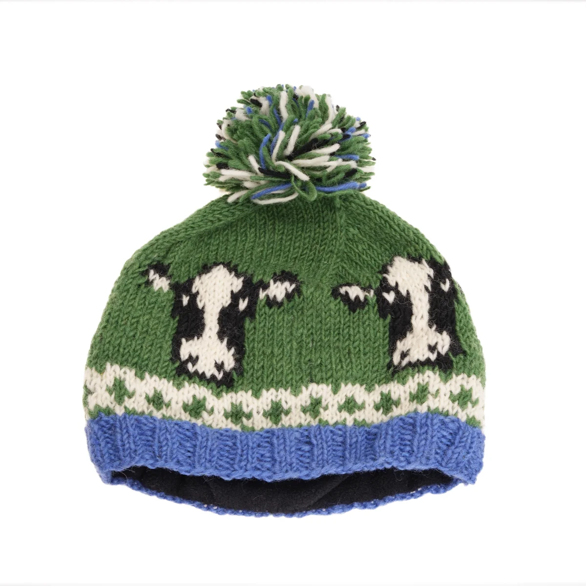 Pure Wool Beanie Fine Knit UnisexWool Beanie Friesian Cow Green FC102-G - Image 2