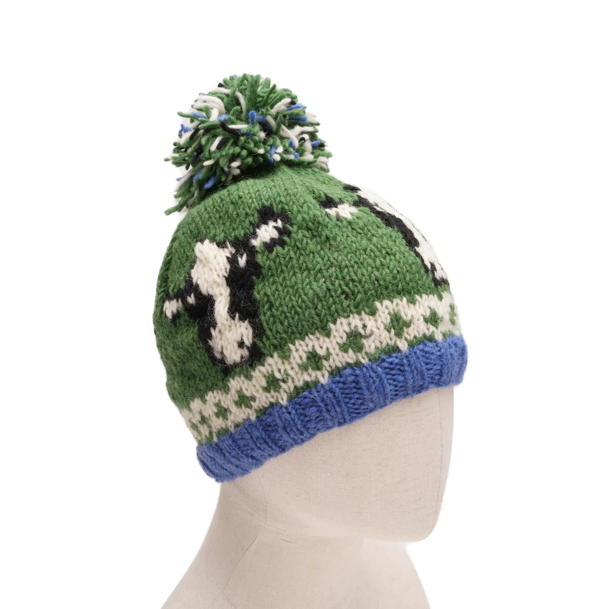 Pure Wool Beanie Fine Knit UnisexWool Beanie Friesian Cow Green FC102-G - Image 3