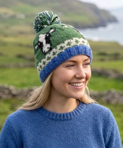 Pure Wool Beanie Fine Knit UnisexWool Beanie Friesian Cow Green FC102-G