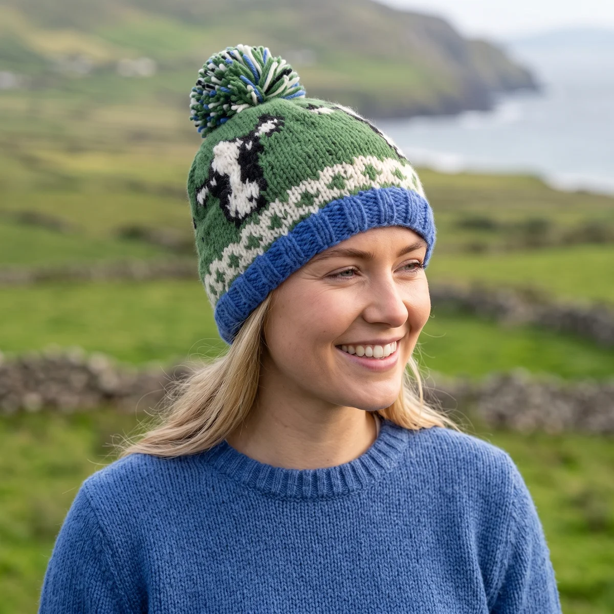 Pure Wool Beanie Fine Knit UnisexWool Beanie Friesian Cow Green FC102-G